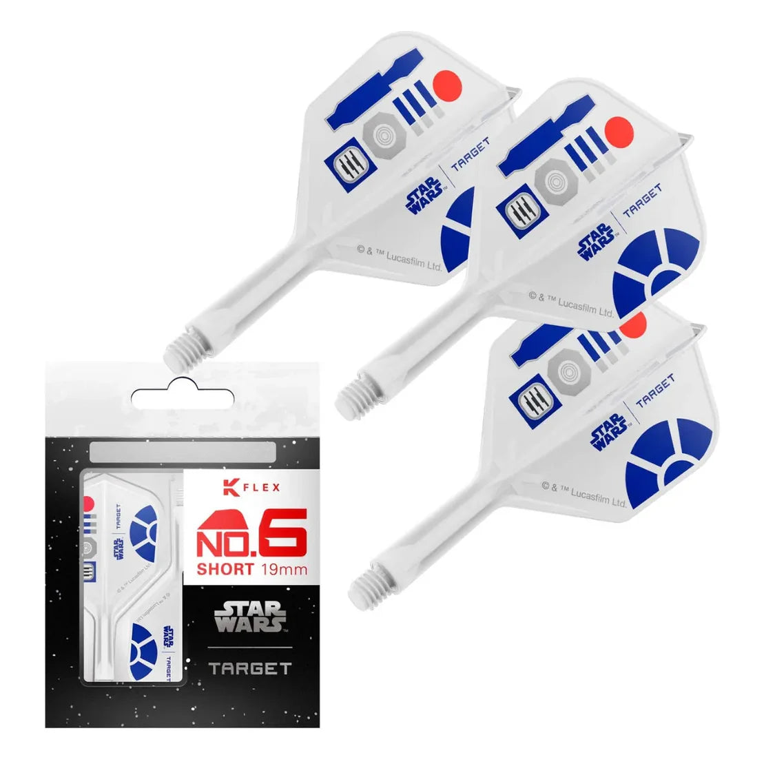 R2-D2 No.6 K-Flex integrated dart flights and stems set of three with packaging, Star Wars design, 19mm short size