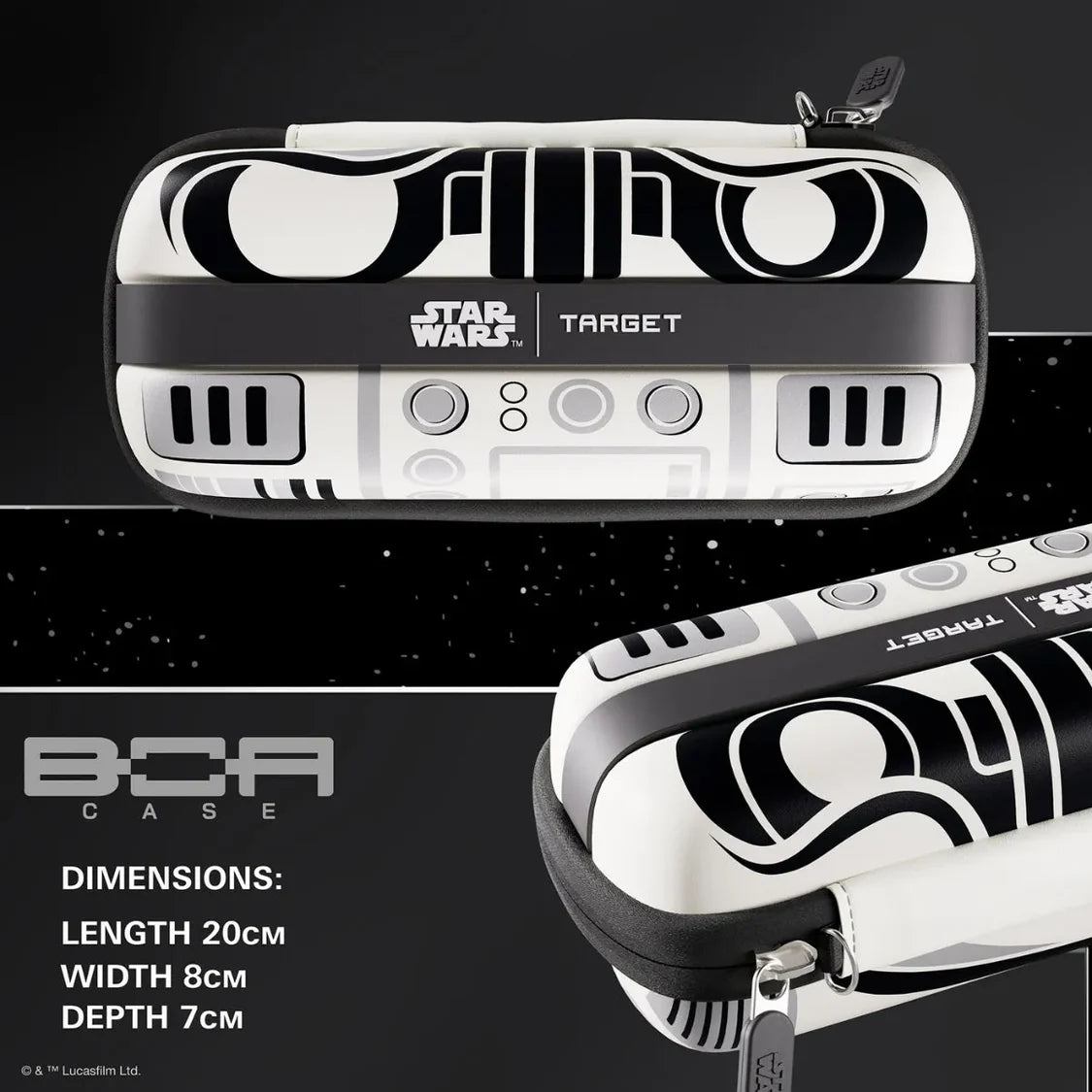 Stormtrooper BOA darts case shown from front and angled view, Star Wars graphics, isolated on black with case dimensions for scale