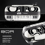 Stormtrooper BOA darts case shown from front and angled view, Star Wars graphics, isolated on black with case dimensions for scale