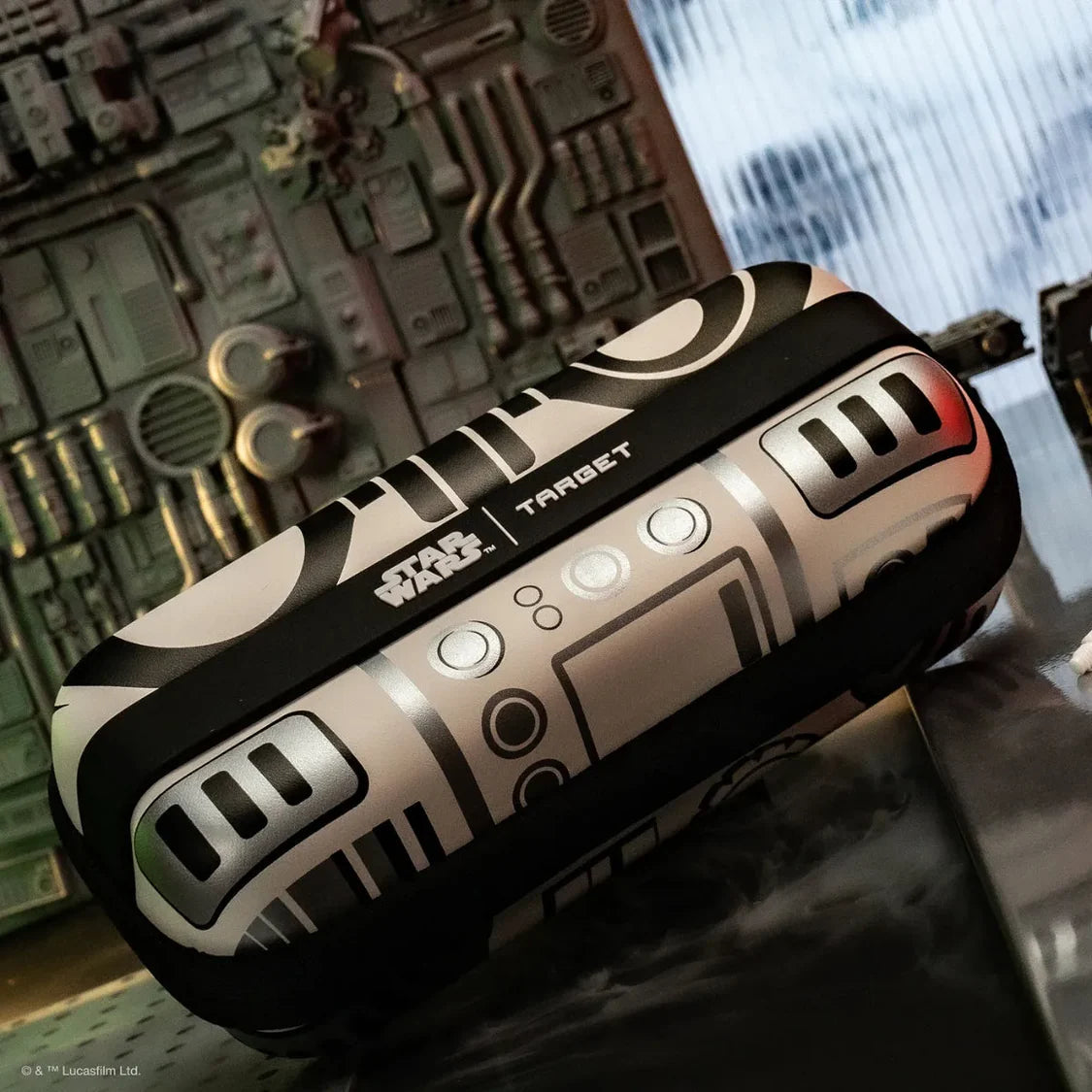 Stormtrooper BOA darts case displayed at an angle with sci-fi background, showcasing detailed Star Wars graphics for dart equipment storage