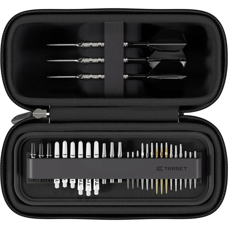 Top-down view of open dart case with three assembled darts and organized dart tips and shafts in elastic slots, ideal for dart storage and transport