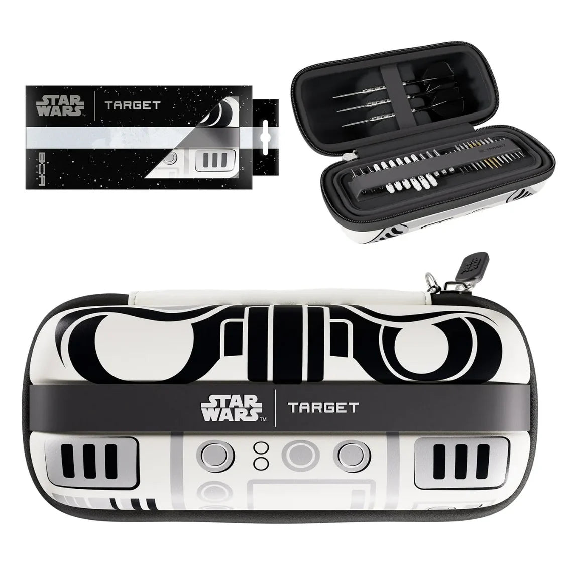 Stormtrooper BOA darts case set with Star Wars design, packaging, and open view displaying dart storage and accessories