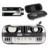 Stormtrooper BOA darts case set with Star Wars design, packaging, and open view displaying dart storage and accessories