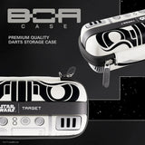Stormtrooper BOA dart case displayed with close-up and full view, highlighting zipper pull and bold Star Wars helmet design for darts storage