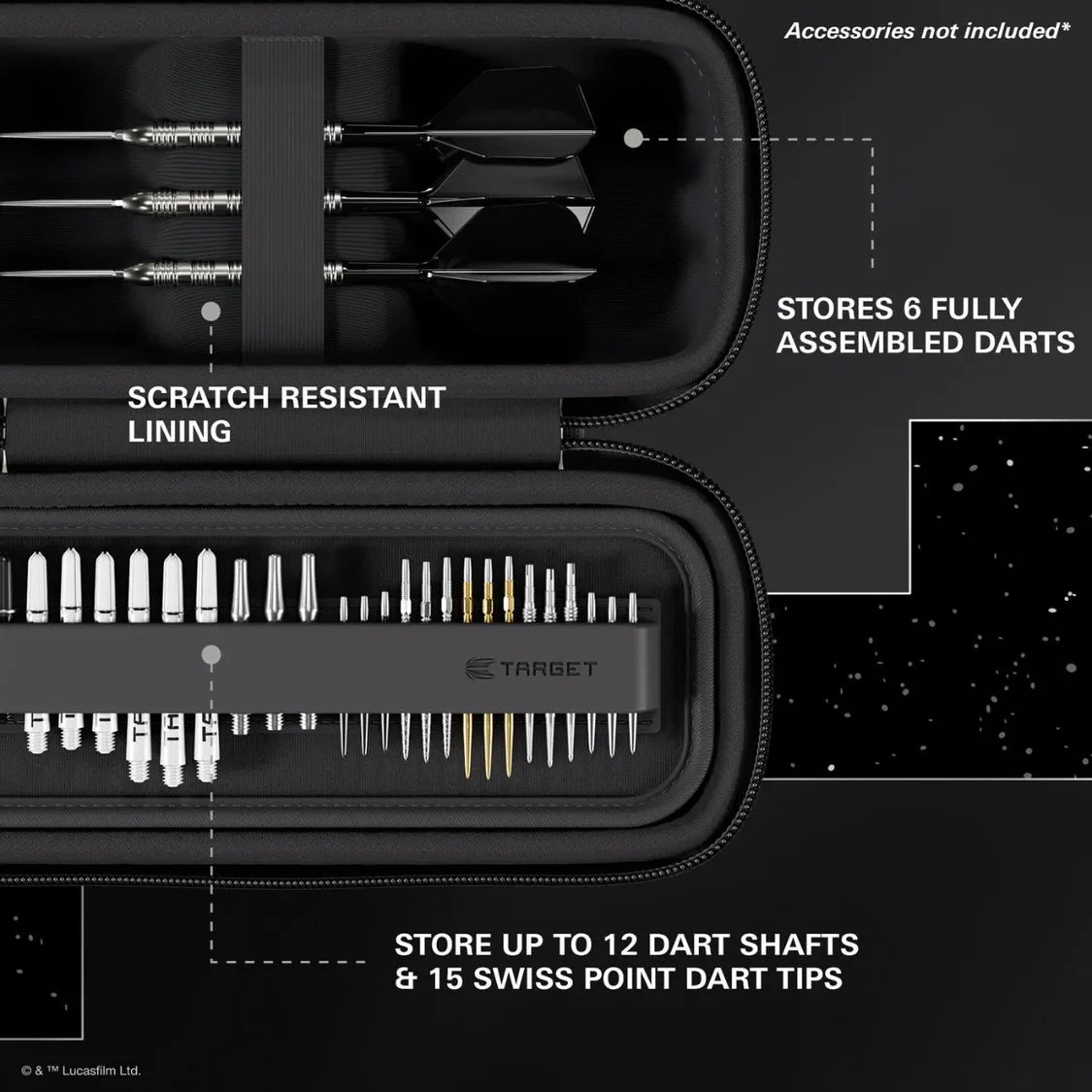 Open Stormtrooper BOA darts case angled view displaying organized storage for assembled darts, shafts, tips, and scratch-resistant lining