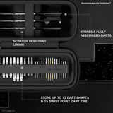 Open Stormtrooper BOA darts case angled view displaying organized storage for assembled darts, shafts, tips, and scratch-resistant lining
