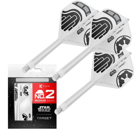 Three Star Wars Stormtrooper K-Flex No.2 dart flights and shafts with bold imperial graphics, displayed angled with retail packaging on white background