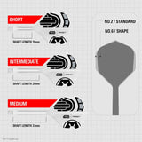 Top-down comparison of Stormtrooper dart shafts in short, intermediate, and medium lengths with flight shape size chart