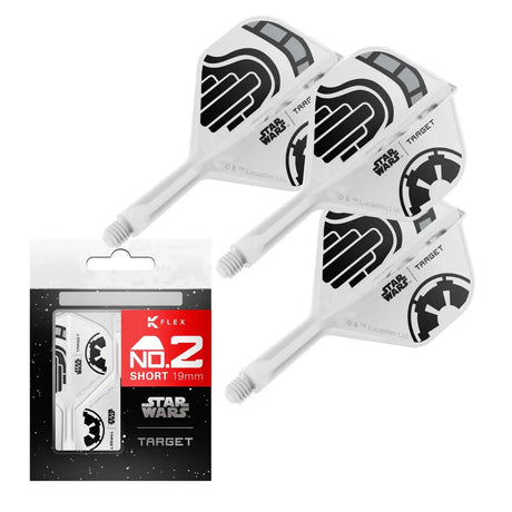 Stormtrooper K-Flex No.2 dart flights and stems with Star Wars graphics, plus retail packaging, all shown on a white background