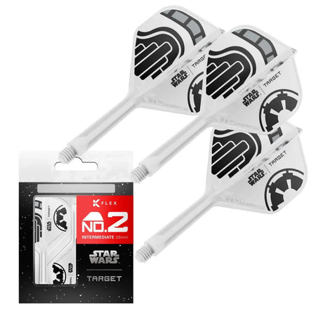 Stormtrooper K-Flex No.2 dart flights with stems angled on white, Star Wars graphics, and retail packaging for darts setup