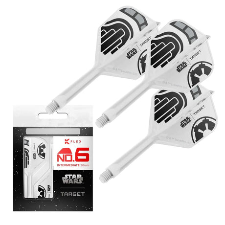 Stormtrooper No.6 K-Flex integrated dart flights and shafts set with Star Wars graphics, retail packaging shown, isolated on white background