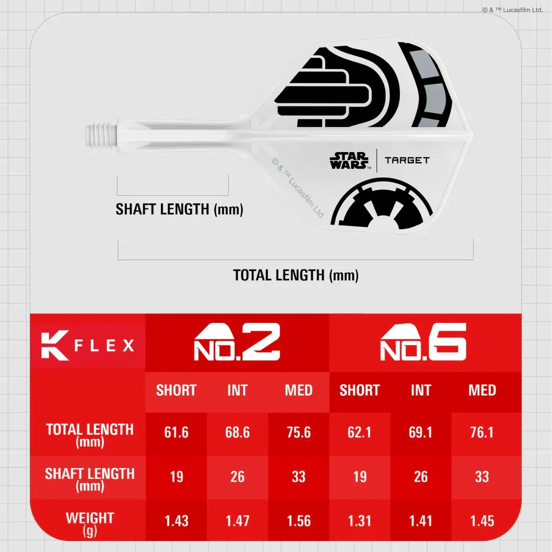Stormtrooper No.6 K-Flex dart flight full view with Star Wars design, isolated on white, measurement chart for shaft and total length.