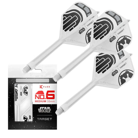 Three Stormtrooper No.6 K-Flex integrated dart flights with stems, Empire design, displayed with retail packaging, isolated on white