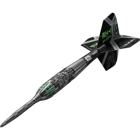 Angled view of TIE Fighter tungsten dart with detailed barrel engravings and Star Wars-inspired flights, isolated on white background