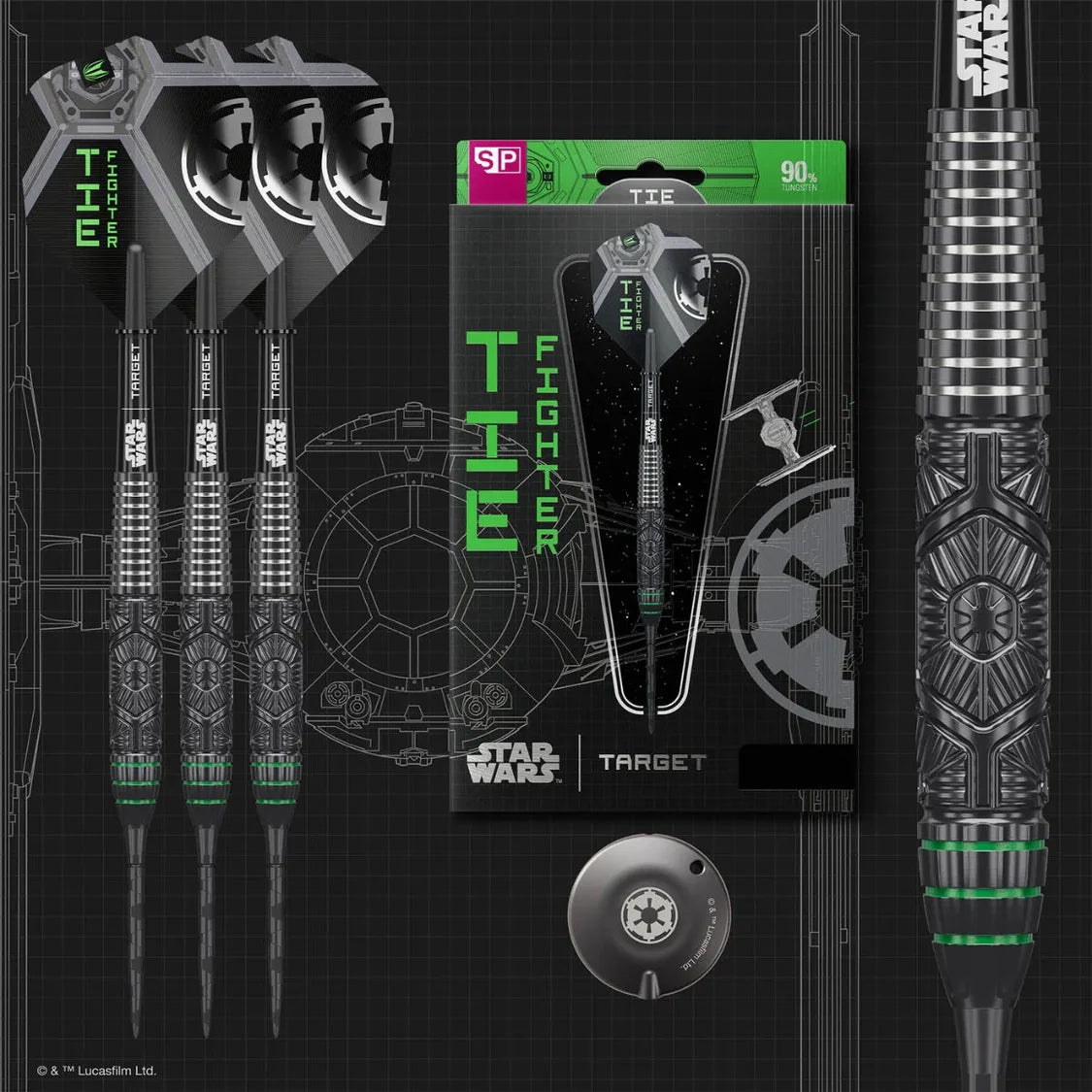 TIE Fighter 90% tungsten darts set shown with packaging, detailed barrel grip close-up, and sci-fi flight design on a dark blueprint background