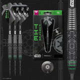 TIE Fighter 90% tungsten darts set shown with packaging, detailed barrel grip close-up, and sci-fi flight design on a dark blueprint background