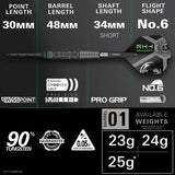 Side view of Star Wars TIE Fighter tungsten dart showing 30mm point, 48mm barrel, 34mm short shaft, No.6 flight, grooved grip, and available weights