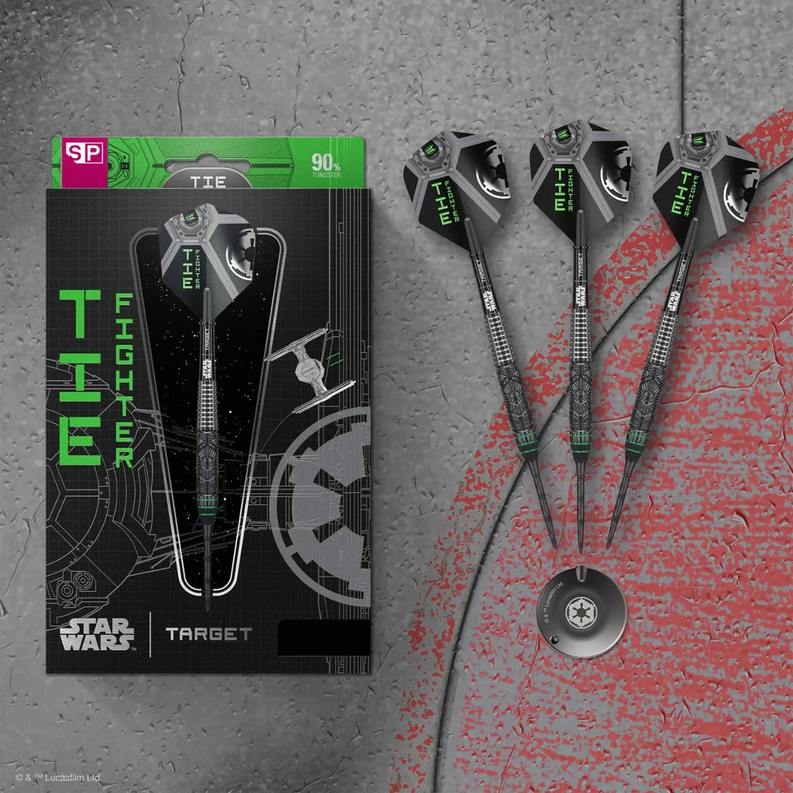 Angled display of Star Wars TIE Fighter tungsten darts with detailed barrels, custom flights, and retail packaging on textured surface