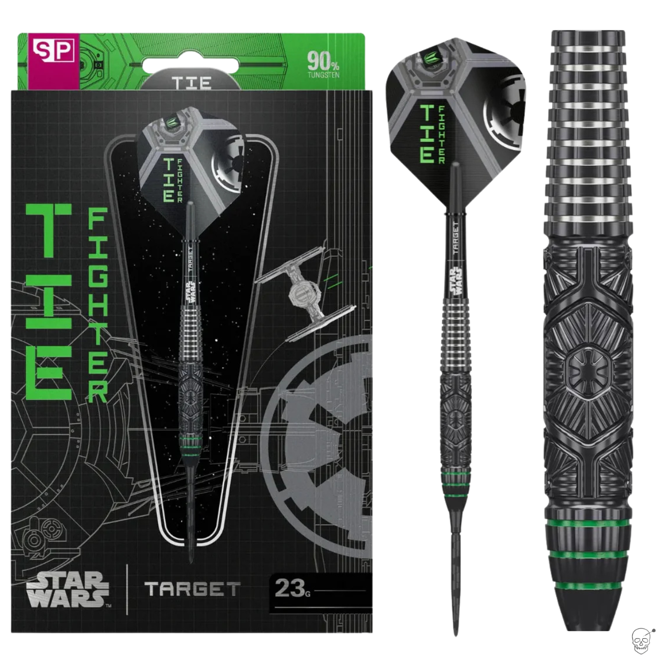 TIE Fighter 90% tungsten dart full pack display with macro close-up of barrel grip and green accents, Star Wars themed flight and detailed texture