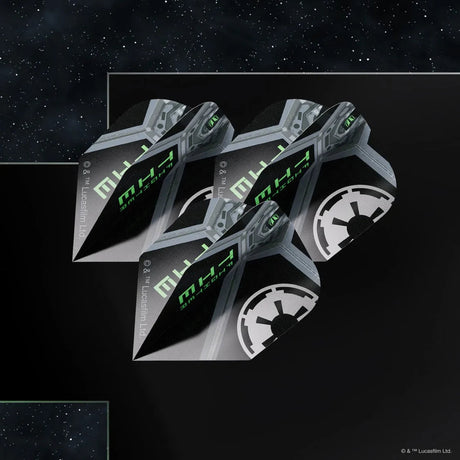 Set of three TIE Fighter Pro Ultra No.6 dart flights arranged on dark background, showing detailed Star Wars graphics and textured surface