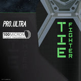 Close-up angled view of TIE Fighter Pro Ultra No.6 dart flight showing 100 micron thickness and Star Wars inspired graphic details