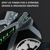 Macro close-up of Star Wars TIE Fighter Pro Ultra No.6 dart flights, showing spot UV finish and sharp emblem graphics