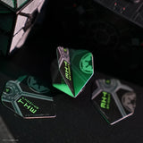 Three TIE Fighter Pro Ultra No.6 dart flights arranged on dark surface, angled view highlighting green Star Wars graphics with model TIE Fighter