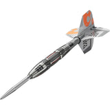 Angled close-up of X-Wing themed tungsten dart showing barrel grip detail, engraved accents, and Star Wars flights on white background