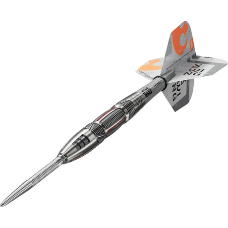 Angled close-up of X-Wing themed tungsten dart showing barrel grip detail, engraved accents, and Star Wars flights on white background