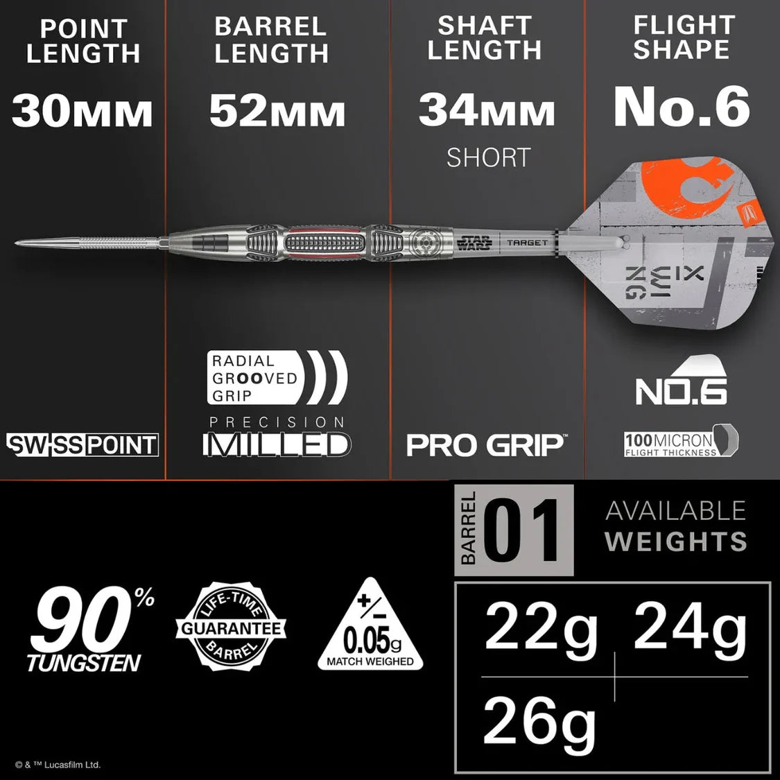 Full side view of Star Wars X-Wing tungsten dart on black background, showing point, barrel, shaft, and No.6 flight details with size and grip specs