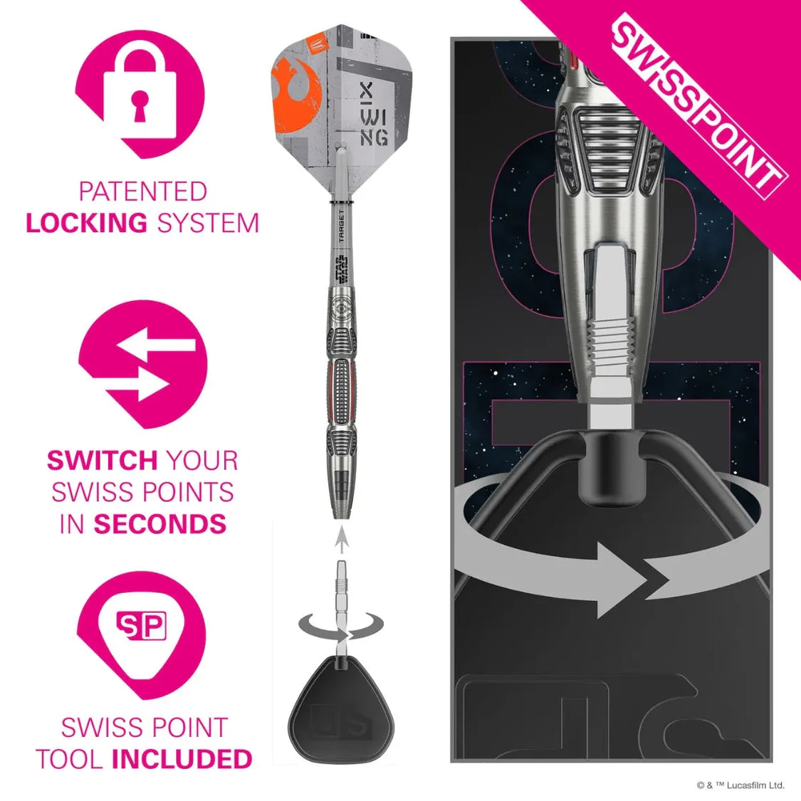 X-Wing 90% tungsten dart full view with Swiss Point tool, close-up on barrel grip and interchangeable point system, isolated on white background