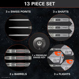 Top-down view of 13 piece dart set with Swiss points, shafts, barrels, Star Wars themed flights, and premium Swiss key displayed separately