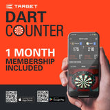 Dart counter app displayed on smartphone in hand, promoting 1 month membership for digital dart scoring with QR codes for download.