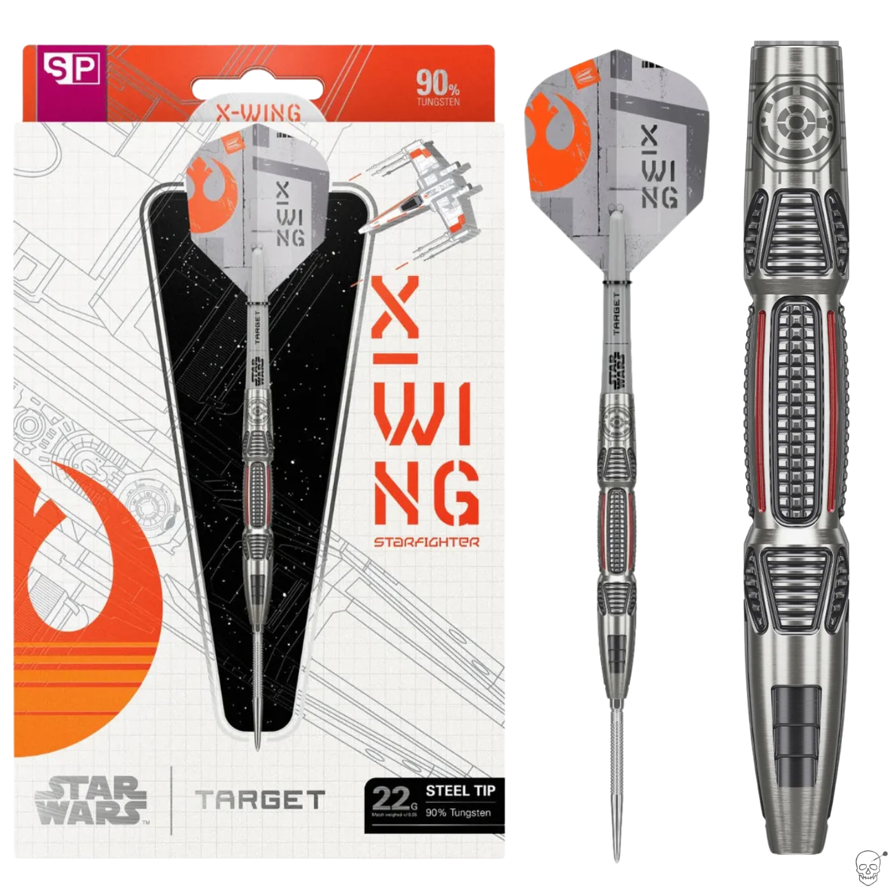 Star Wars X-Wing steel tip dart in retail packaging with detailed close-up of 90% tungsten barrel and unique flight design, 22g steel tip