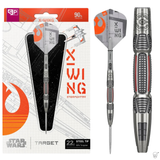 Star Wars X-Wing steel tip dart in retail packaging with detailed close-up of 90% tungsten barrel and unique flight design, 22g steel tip