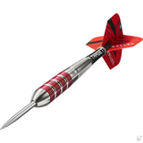 Target Stephen Bunting 100 piece brass set dart – angled view of the tapered silver and red brass barrel with flight and shaft fitted