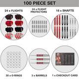 Target Stephen Bunting 100 piece set contents – brass barrels, flights, flight protectors, shafts, O-rings and checkout card