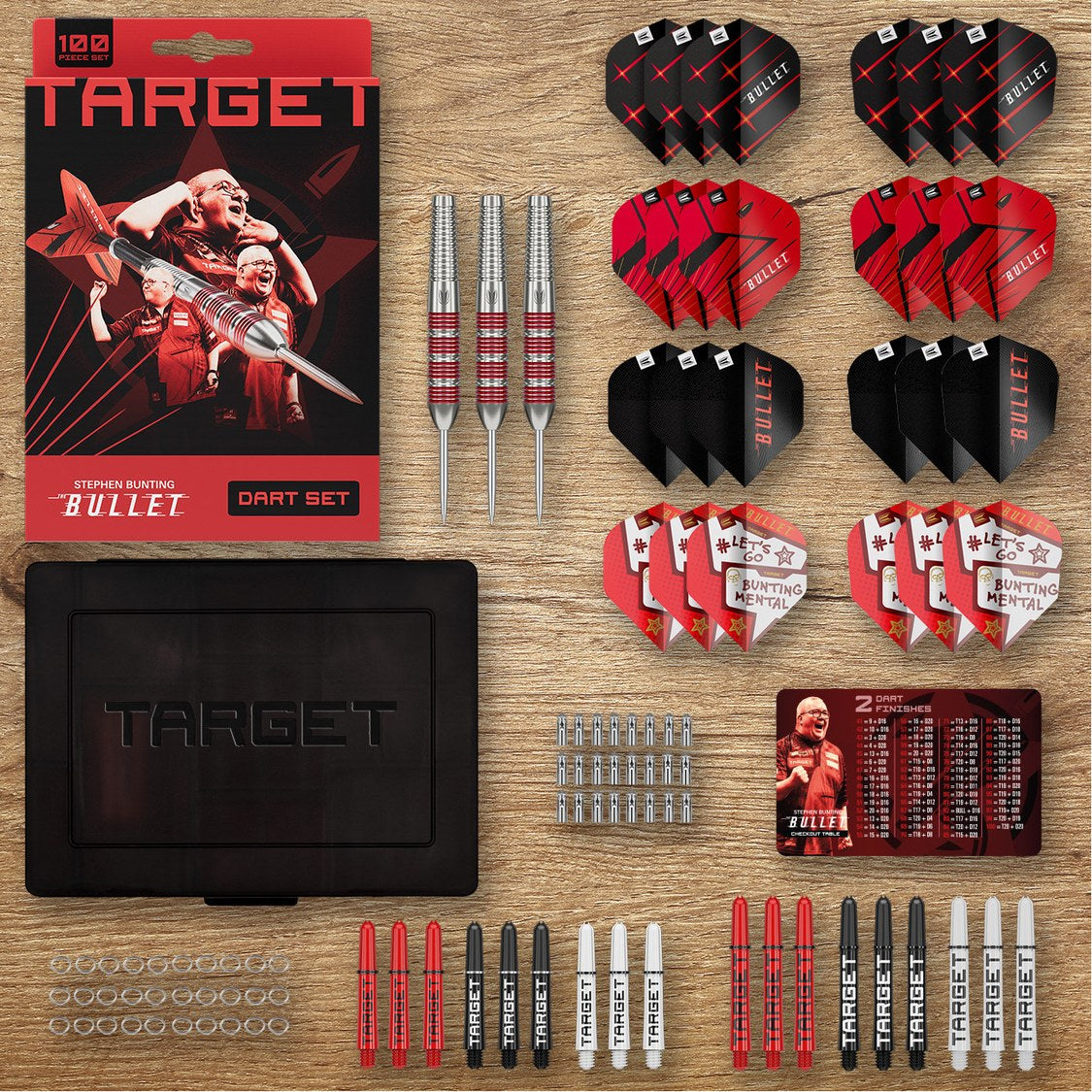 Target Stephen Bunting 100 piece brass darts set laid out with its storage case