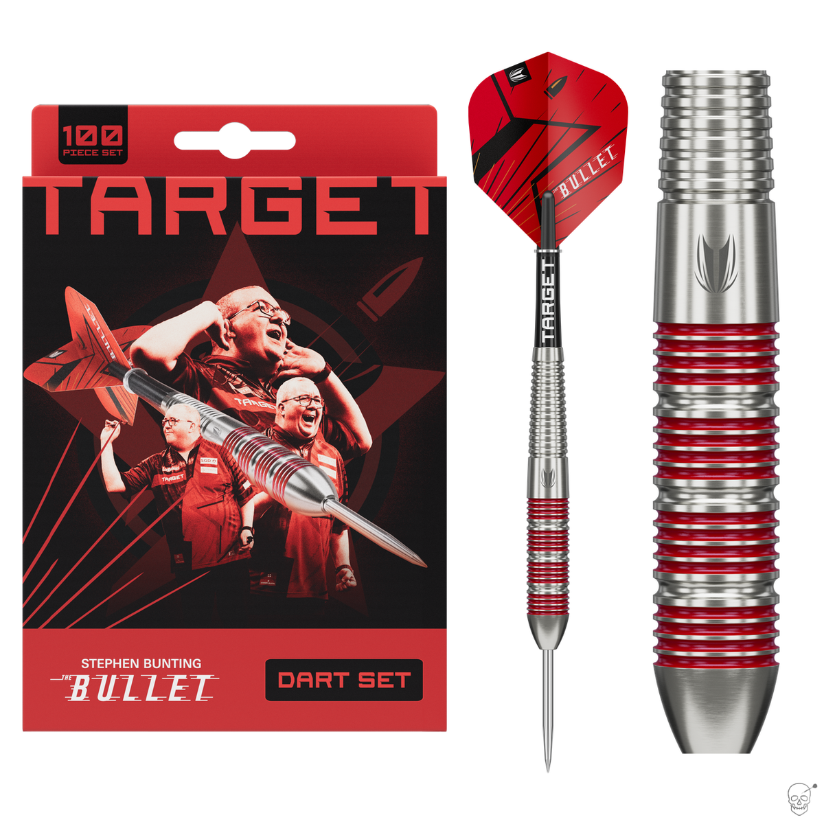 Target Stephen Bunting 100 piece brass darts set – retail packaging with the full dart and a barrel close-up