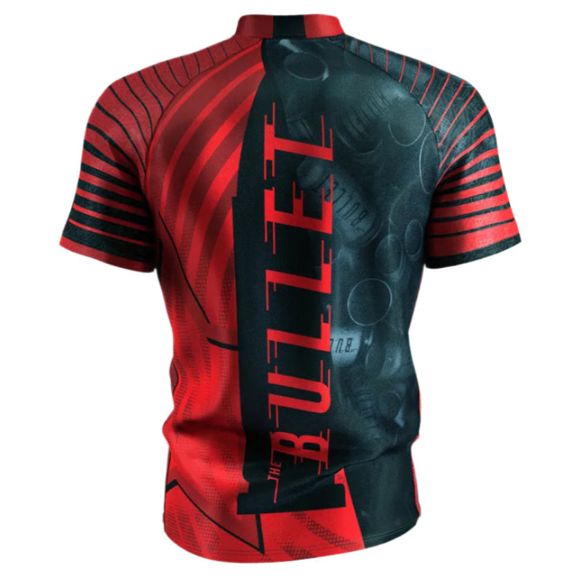 Back view Stephen Bunting 2025 darts shirt with BULLET text, bold red and black graphics, isolated on white background