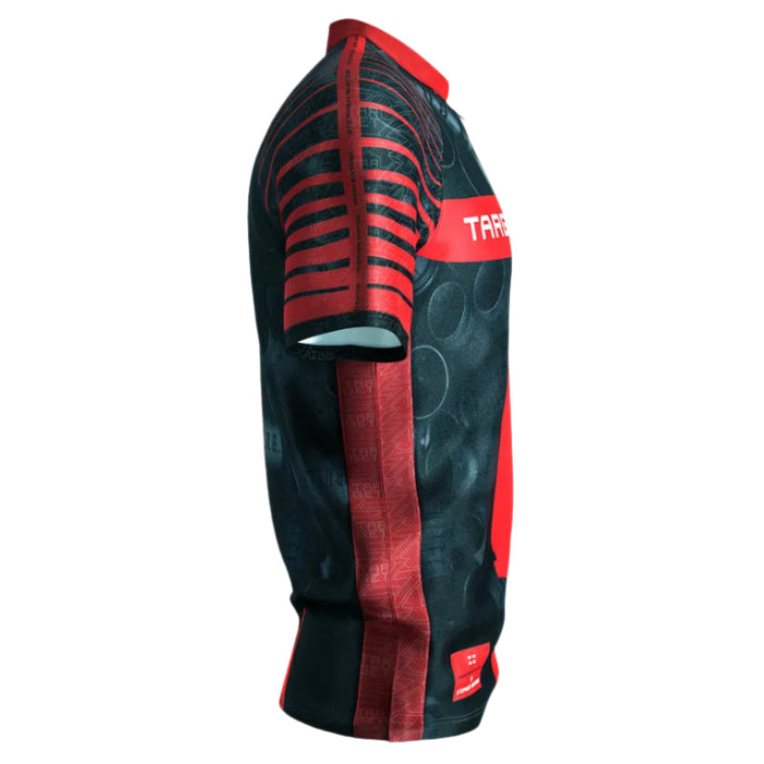 Side view Stephen Bunting 2025 darts shirt showing red stripes and black pattern, isolated on white background
