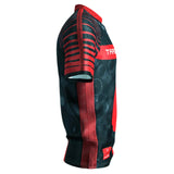 Side view Stephen Bunting 2025 darts shirt showing red stripes and black pattern, isolated on white background