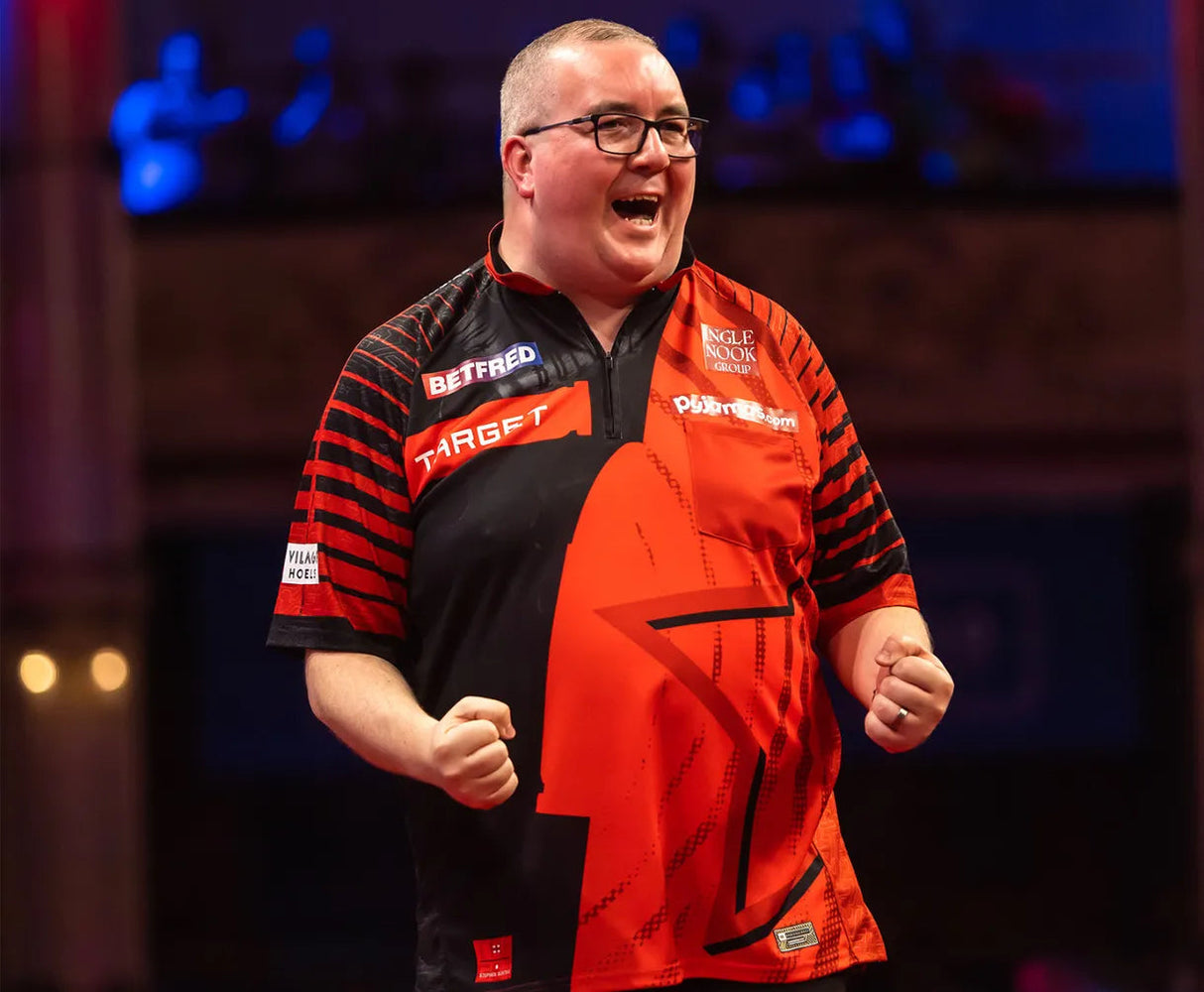 Stephen Bunting 2025 darts shirt worn on stage, showing red and black design, sponsor patches, and athletic fit for dart players