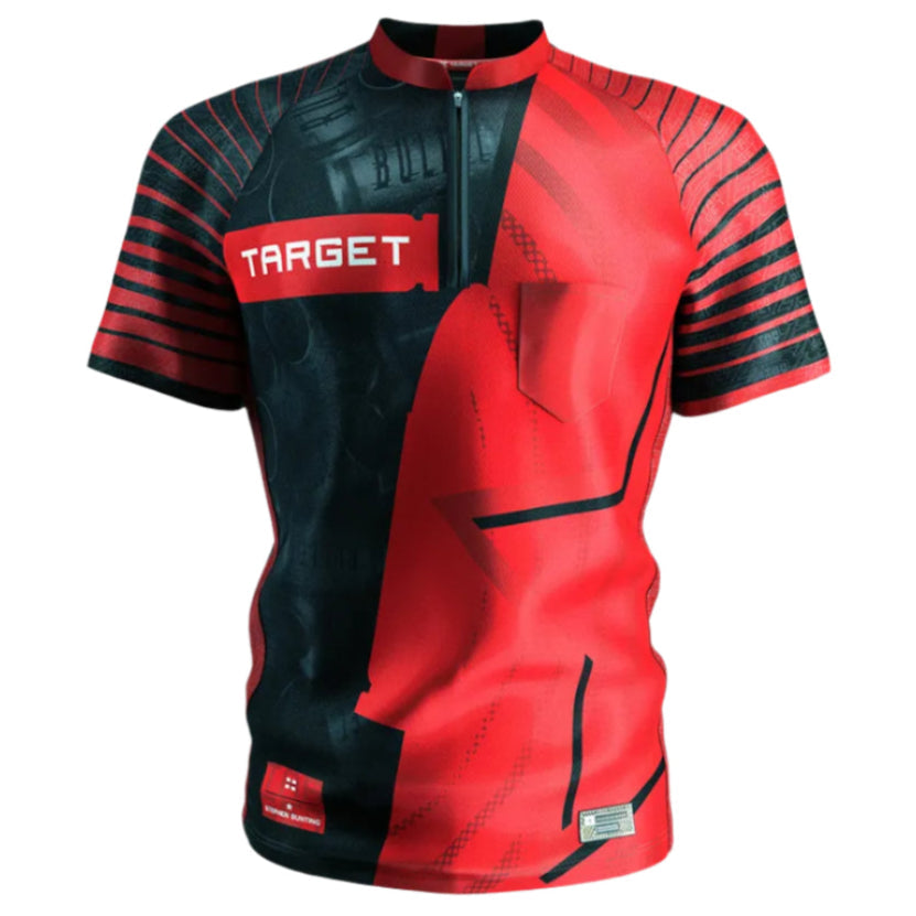 Full view of Stephen Bunting 2025 darts shirt in red and black with zip collar, modern graphics, displayed on white background