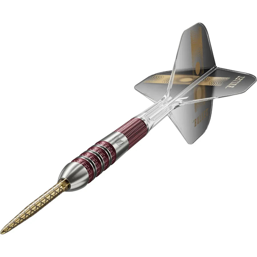 Angled view of 95% tungsten dart with red ringed grip, gold patterned tip, clear shaft, and silver 'Bullet' flight on white background