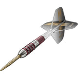 Angled view of 95% tungsten dart with red ringed grip, gold patterned tip, clear shaft, and silver 'Bullet' flight on white background