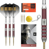 Stephen Bunting 95k 95% tungsten darts set flat lay with three assembled darts, extra tips, flight tool, membership card, player card, and grip close-up