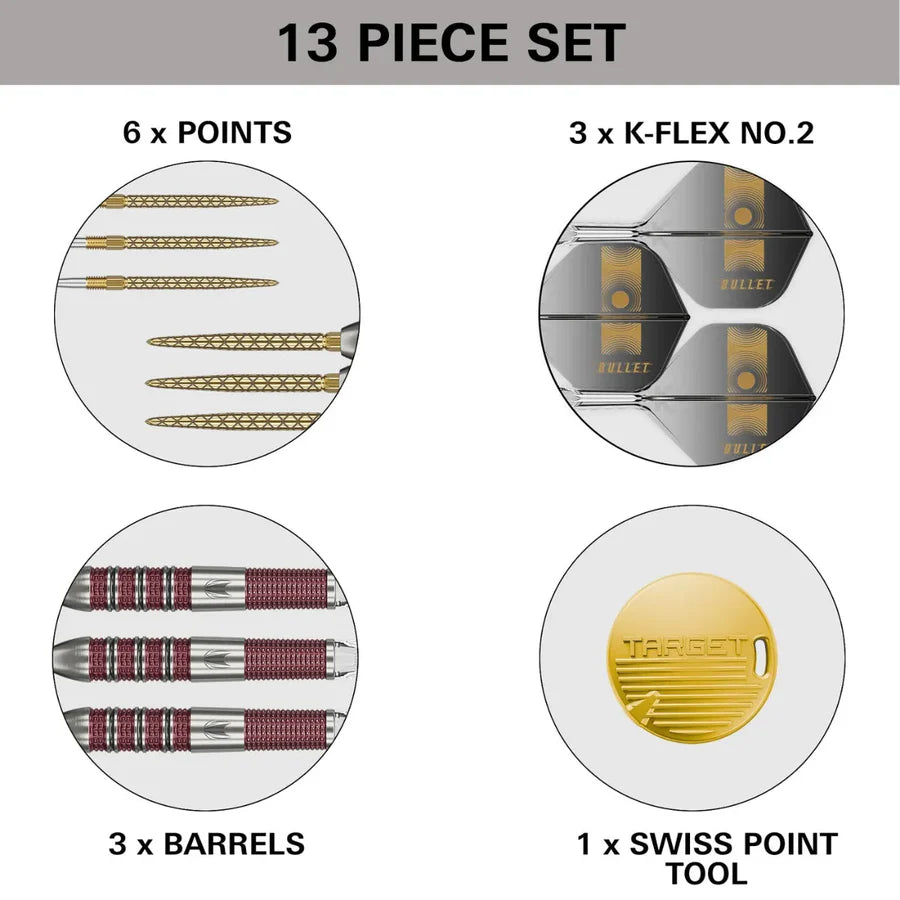 Top-down view of dart set contents showing 6 precision points, 3 grooved barrels, 3 K-Flex flights, and 1 Swiss point tool