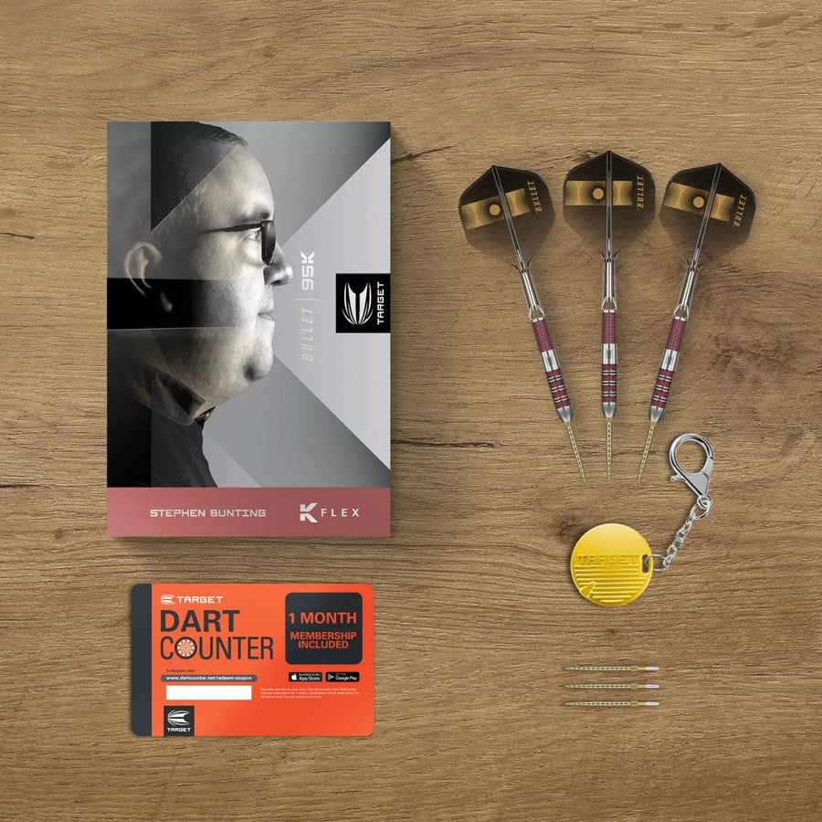 Top-down view of Stephen Bunting 95% tungsten darts set with three assembled darts, packaging, spare points, dart counter card, and keychain.