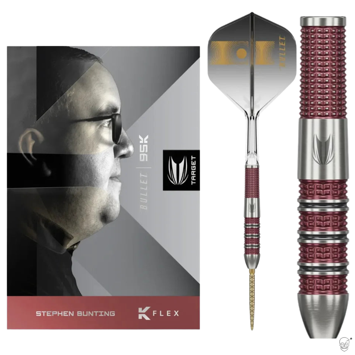Stephen Bunting 95% tungsten dart set with packaging, full dart profile, close-up barrel grip and textured rings, isolated on white background